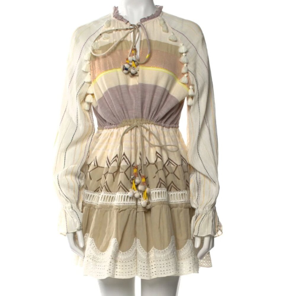 Hemant & Nandita Embroidered Mini Dress with Eyelet Detail and Tassels SZ L - Picture 3 of 5